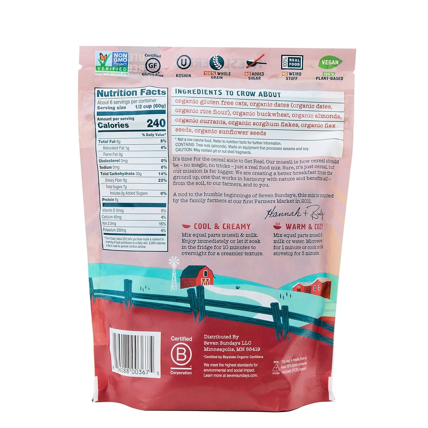 Farmers Market Organic Almond Date Currant Muesli Cereal - 4 Count, 12 Oz Pouch - Certified Gluten Free Muesli - Non GMO, No Refined Sugar and Kosher