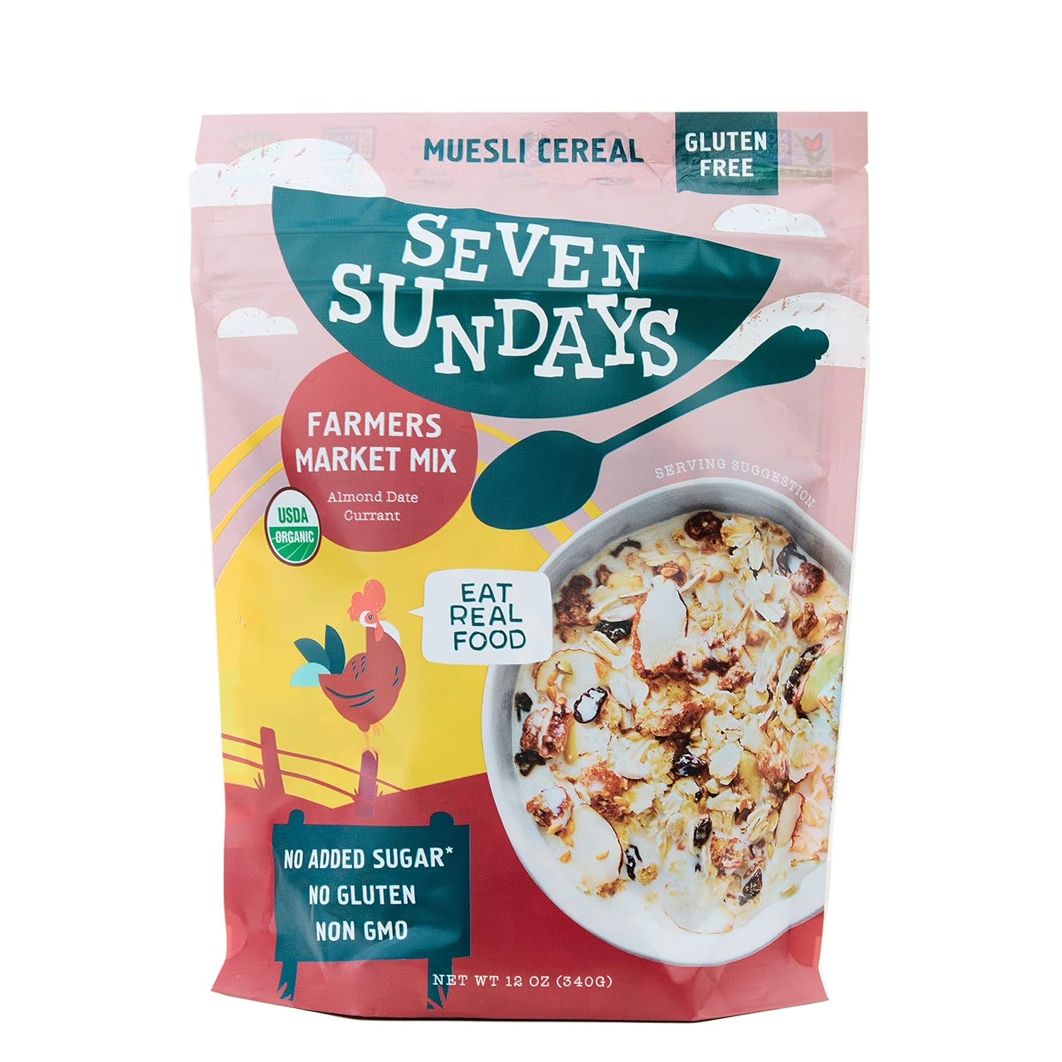Farmers Market Organic Almond Date Currant Muesli Cereal - 4 Count, 12 Oz Pouch - Certified Gluten Free Muesli - Non GMO, No Refined Sugar and Kosher