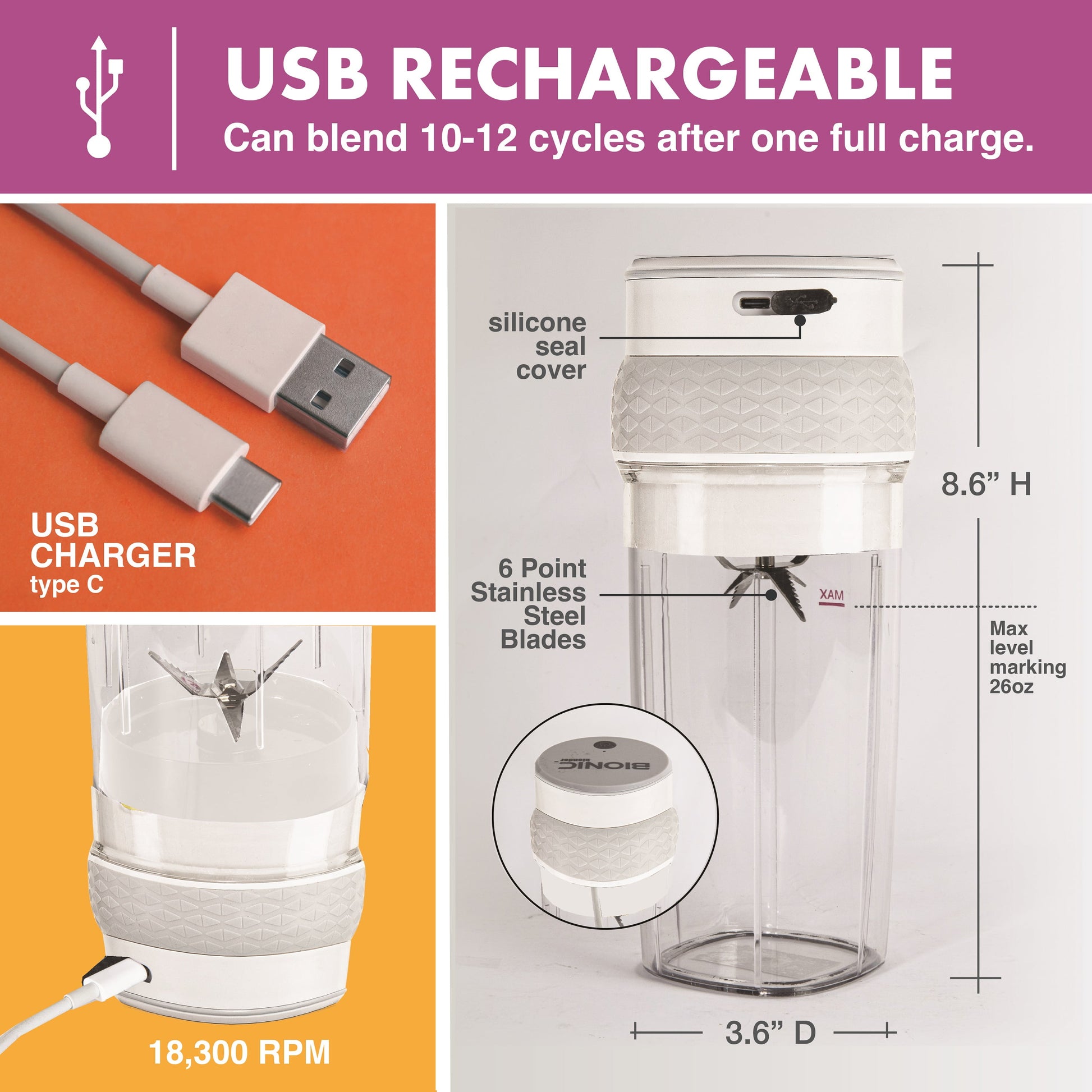 Bionic Blade Smoothie Blender Personal Portable Rechargeable Blender Juicer Protein Mikshake Maker Extra Travel Bottle