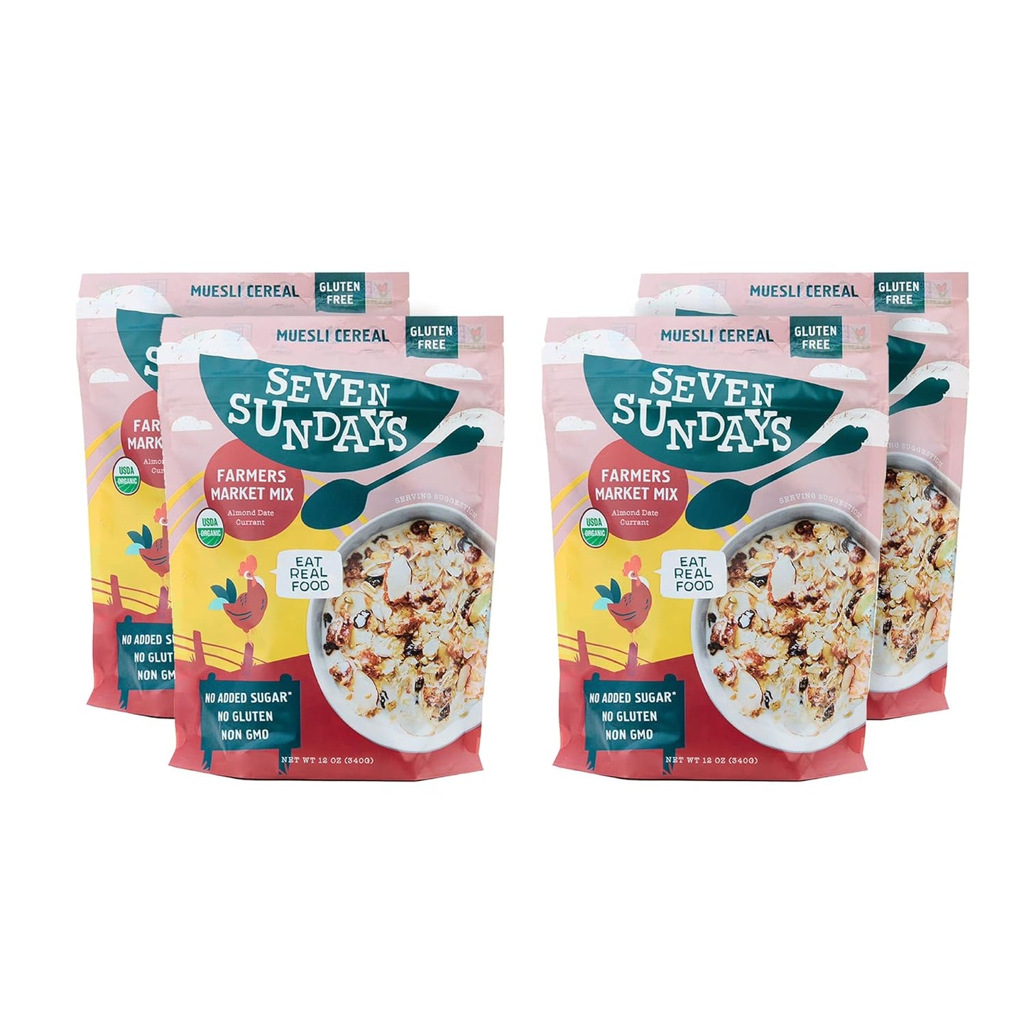 Farmers Market Organic Almond Date Currant Muesli Cereal - 4 Count, 12 Oz Pouch - Certified Gluten Free Muesli - Non GMO, No Refined Sugar and Kosher